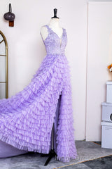 Lavender Plunging V Neck Appliques Layers Long Evening Prom Dress with Slit