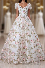 White V Neck 3D Flowers Long Evening Prom Dress, White Evening Prom Dress