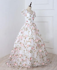 White V Neck 3D Flowers Long Evening Prom Dress, White Evening Prom Dress