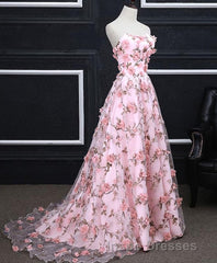 Pink Tulle 3D Flowers Long Evening Prom Dress, Pink Evening Prom Dress