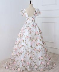 White V Neck 3D Flowers Long Evening Prom Dress, White Evening Prom Dress