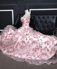 Pink Tulle 3D Flowers Long Evening Prom Dress, Pink Evening Prom Dress