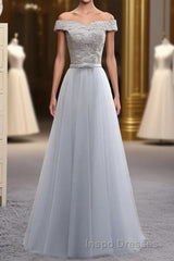 A Line Lace Tulle Off Shoulder Long Evening Prom Dress, Evening Prom Dress