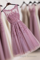Cute Pink Lace Tulle Short Evening Prom Dress, Pink Evening Prom Dress
