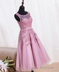 Cute Pink Lace Tulle Short Evening Prom Dress, Pink Evening Prom Dress