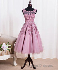 Cute Pink Lace Tulle Short Evening Prom Dress, Pink Evening Prom Dress