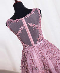Cute Pink Lace Tulle Short Evening Prom Dress, Pink Evening Prom Dress