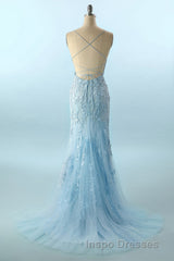 Blue Spaghetti Straps Backless Appliques Evening Prom Dress