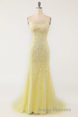 Blue Spaghetti Straps Backless Appliques Evening Prom Dress