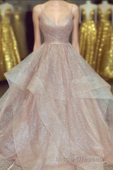 A Line Rose Gold Pleated Bodice Ruffled Long Evening Prom Dress