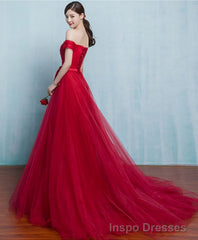 Red A Line Tulle Long Prom Gown Evening Dress
