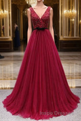 Elegant A-line V-neck Long Evening Prom Dress Tulle Appliques Beaded Formal Dress