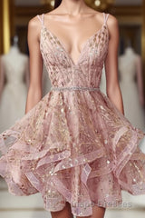 Cute Sequins Pink Homecoming Dress V-neck Beaded Short Evening Prom Dress