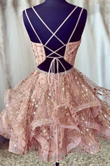 Cute Sequins Pink Homecoming Dress V-neck Beaded Short Evening Prom Dress