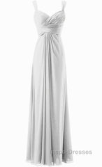 Simple Cheap Blue Sweetheart Long Ruffles Chiffon Bridesmaid Dress