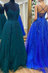 Cute Tulle Lace Long Evening Prom Dress, A-Line Backless Evening Prom Dress