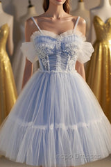 Cute Spaghetti Strap Lace Short Party Dress, A-Line Evening Prom Dress