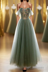 A-Line Green Tulle Long Evening Prom Dress, Off the Shoulder Evening Prom Party Dress