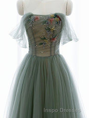 A-Line Green Tulle Long Evening Prom Dress, Off the Shoulder Evening Prom Party Dress