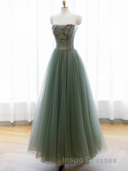 A-Line Green Tulle Long Evening Prom Dress, Off the Shoulder Evening Prom Party Dress