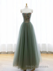 A-Line Green Tulle Long Evening Prom Dress, Off the Shoulder Evening Prom Party Dress
