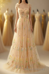 Champagne Lovely Tulle Lace Long Evening Prom Dress, Champagne Evening Prom Dress