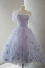 Purple Tulle Short Prom Dress, A-Line Off the Shoulder Party Dress