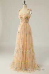 Champagne Lovely Tulle Lace Long Evening Prom Dress, Champagne Evening Prom Dress