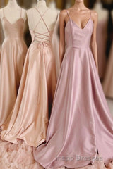 Simple V-Neck Satin Long Evening Prom Dress, A-Line Backless Evening Prom Dress