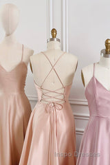 Simple V-Neck Satin Long Evening Prom Dress, A-Line Backless Evening Prom Dress