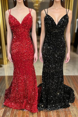 Mermaid Sequins Long Evening Prom Dress, Spaghetti Strap Backless Evening Prom Party Dress