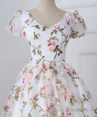 White V Neck 3D Flowers Long Evening Prom Dress, White Evening Prom Dress