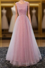 A Line Round Neck Tulle Long Evening Prom Dress, Lace Evening Prom Dress