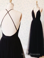 Simple A-line V Neck Navy Blue Long Evening Prom Dress
