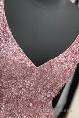 Gorgeous Mermaid V-Neck Pearl Pink Long Evening Prom Dress with Slit