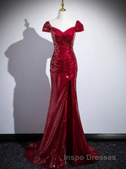 Dark Red Sequins Mermaid Sweetheart Evening Prom Dress, Dark Red Evening Dress