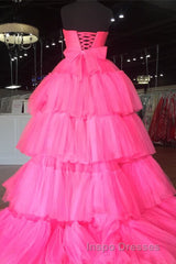 Elegant Strapless Layered Hot Pink Long Evening Prom Dress with Slit