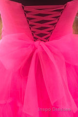 Elegant Strapless Layered Hot Pink Long Evening Prom Dress with Slit