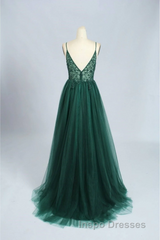 Green V-Neckline Beaded Tulle Floor Length Party Dress, A-Line Green Evening Prom Dress