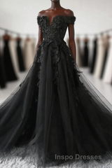 Black Off Shoulder Tulle Long Evening Prom Dress Evening Prom Dress, Black Lace Formal Dress