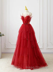 A-Line Tulle Layers Beaded Straps Long Party Dress, Tulle Evening Prom Dress Evening Prom Dress