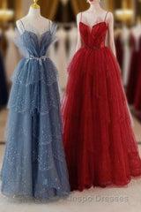 A-Line Tulle Layers Beaded Straps Long Party Dress, Tulle Evening Prom Dress Evening Prom Dress