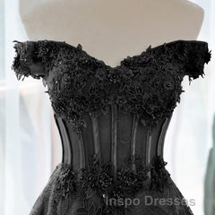 A-Line Off Shoulder Black Tulle With Lace Party Dress, Black Long Evening Prom Dress