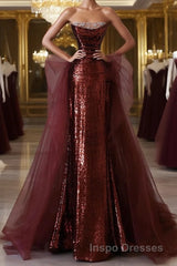 Wine Red Sequins and Tulle Beaded Long Party Dress, Wine Red Evening Dress