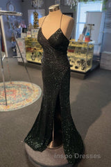 High Slit Blue Sequins Straps Mermaid Evening Prom Dress