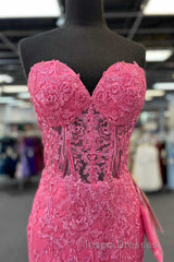 Hot Pink Appliques Strapless Mermaid Long Evening Prom Dress