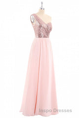 One-Shoulder Sequin and Chiffon A-Line Long Bridesmaid Dress