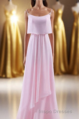 Pink Flounce Chiffon Straps A-line Long Bridesmaid Dress