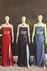 Black Strapless Mermaid Satin Long Evening Prom Dress with Slit