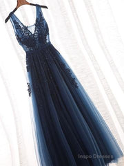 Glamorous Navy Blue Lace Tulle V Neck See Through Prom Dress